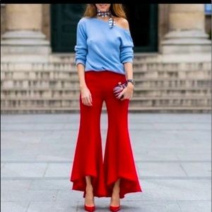 NWT ZARA Bright red ASYMMETRIC FLARE TROUSERS